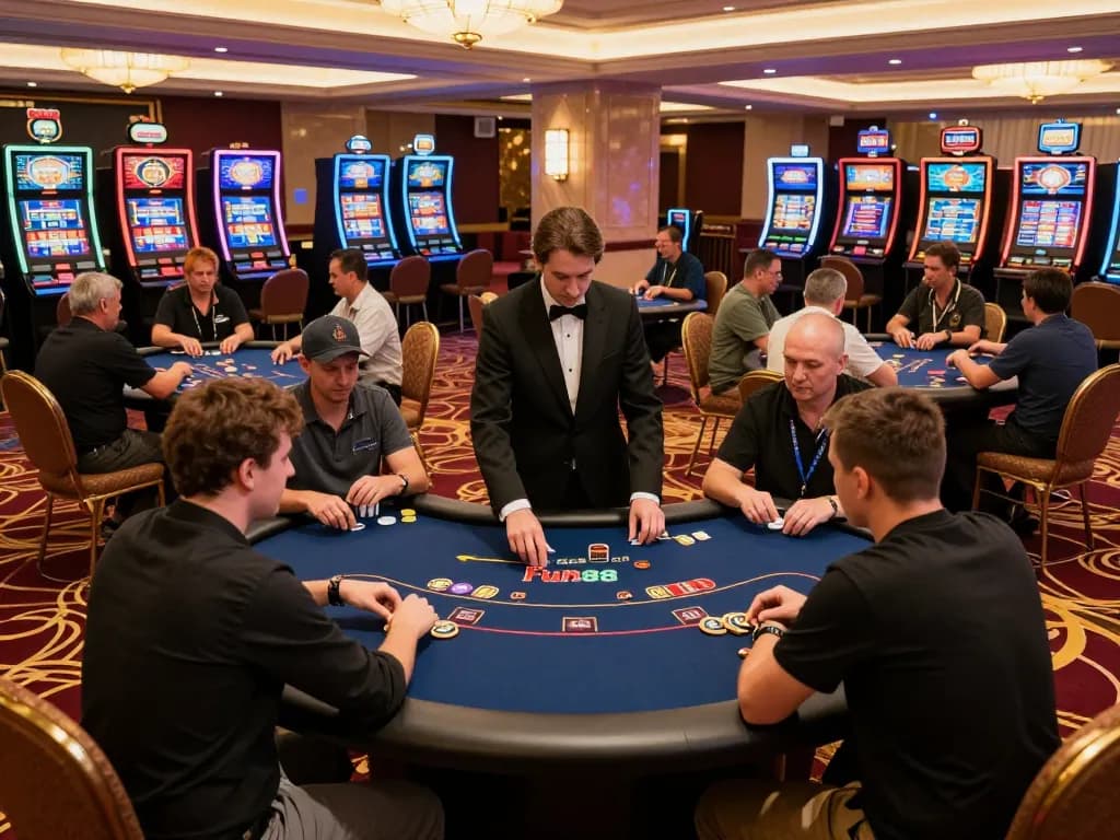 Fun88 gamblers at poker tables enjoying engaging gameplay in a luxurious casino atmosphere.