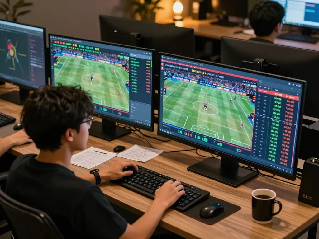 Engaging user analyzing Kèo nhà cái hôm nay on multiple screens during live sports betting.