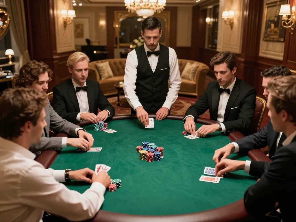 Experience vipwin excitement at an upscale poker game in a luxurious high-roller room, showcasing intense gameplay and sophisticated ambiance.