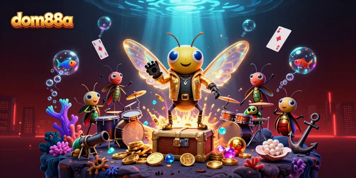 Experience the thrilling world of dom88a with a vibrant 3D casino scene featuring a cicada rock star and gaming treasures.