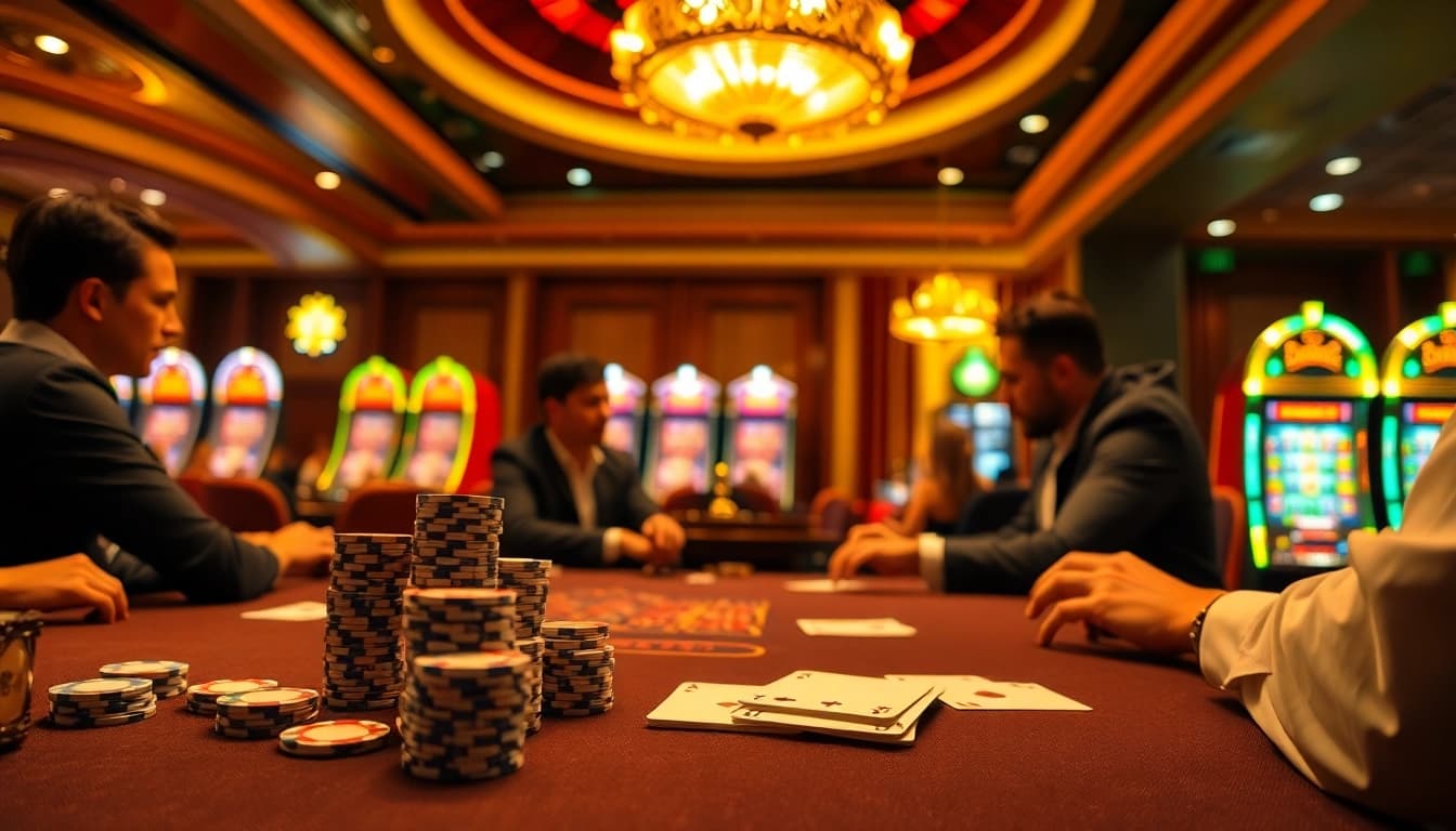 High-stakes poker players intensely strategizing with CM88 poker chips in a luxurious casino setting.