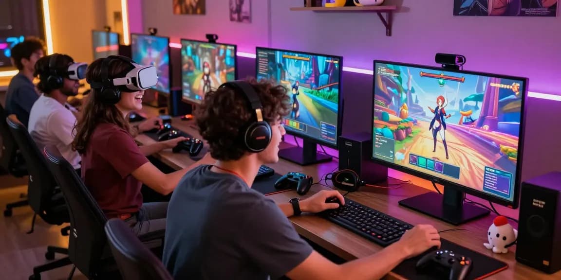Enjoying real hentai games in a vibrant gaming room with friends, showcasing immersive 3D graphics and social interaction.
