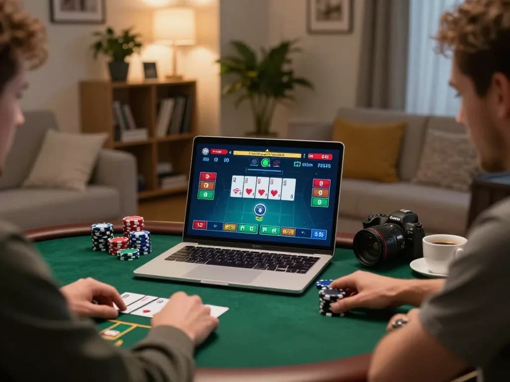 90phut online poker gaming experience with laptop and cozy living room setup, showcasing strategic gameplay