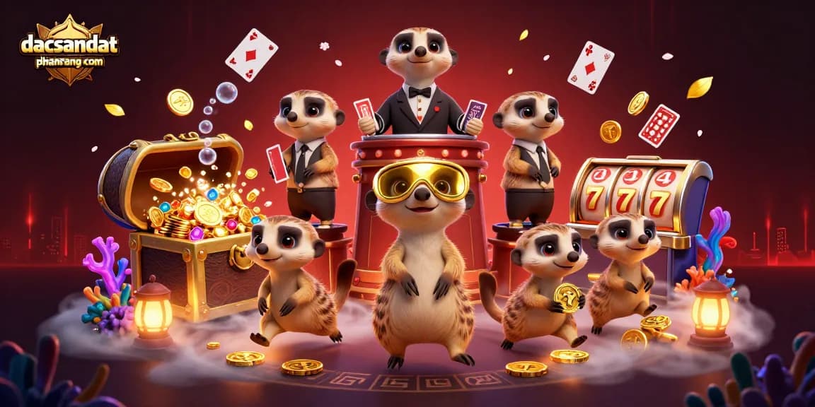 Engage with dacsandatphanrang com's lively casino scene featuring meerkats operating slot machines and treasure.