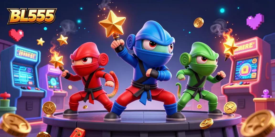 Experience the excitement of BL555 with ninja chameleons in a vibrant casino-themed illustration.