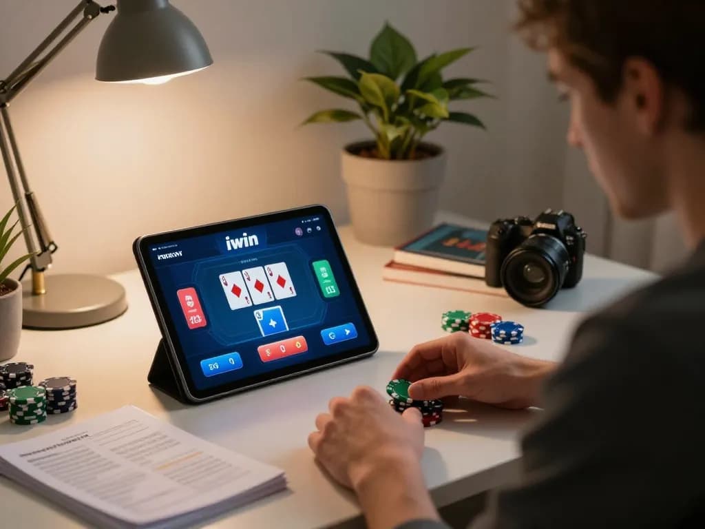 Player engaging with iwin poker interface on a tablet, showcasing a home gaming setup.