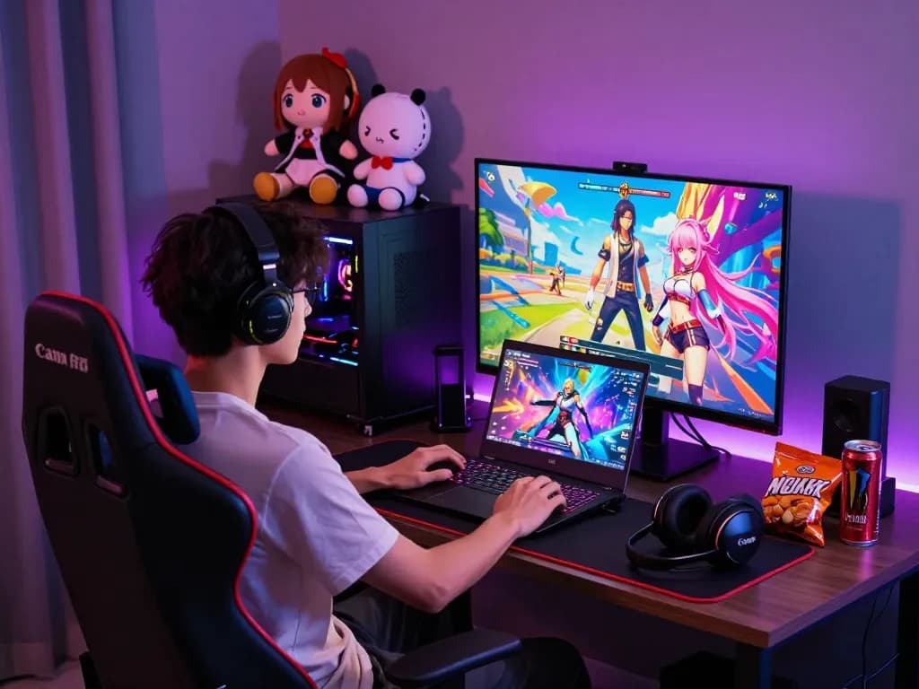 Immersive setup of a gamer enjoying a hentai game with vibrant decor and gaming gear.