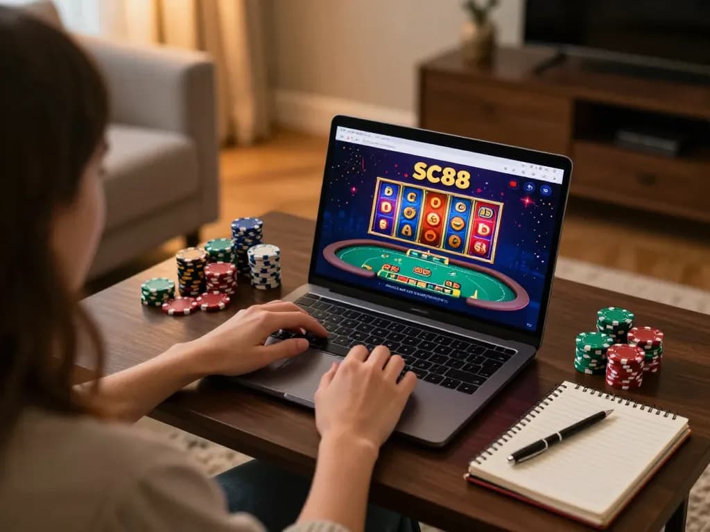 Player managing bets on the SC88 app during online gambling, cozy home setting.