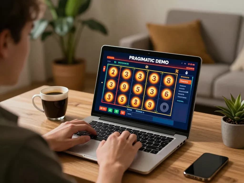 Engaged player enjoying a Pragmatic Demo slot game on a laptop in a cozy home setup.