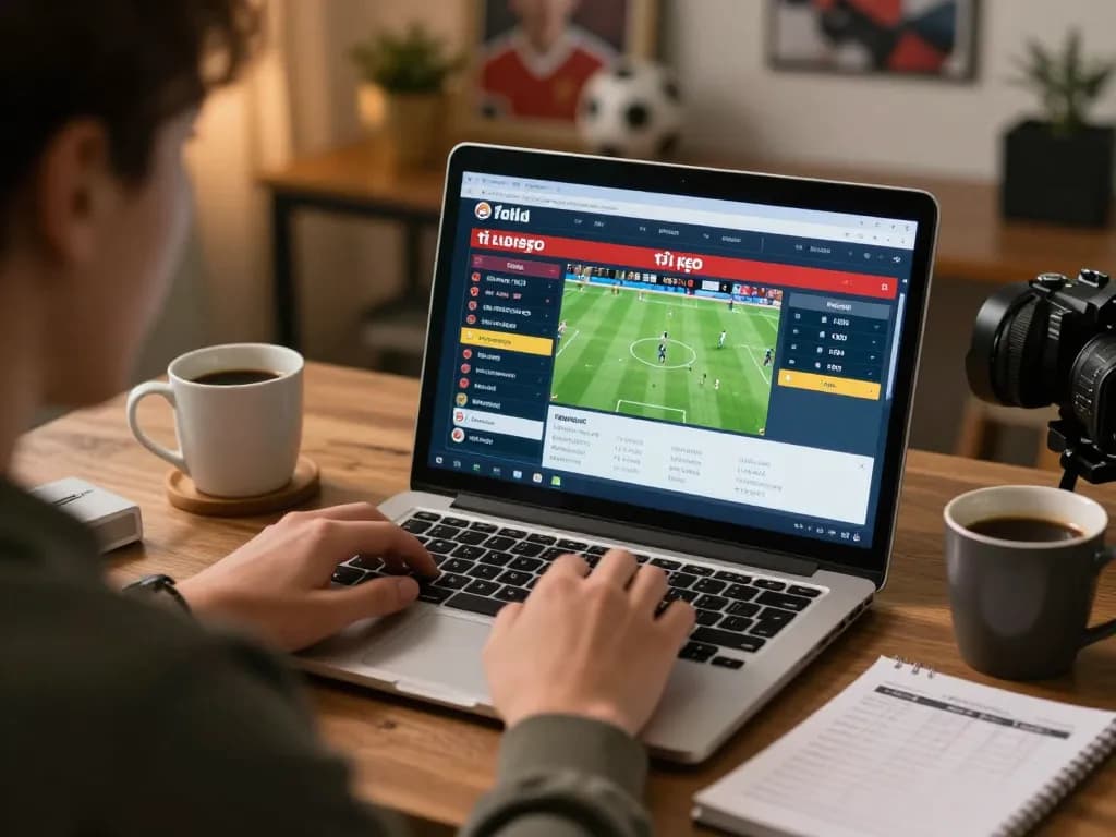 Engaging in sports betting while analyzing tỉ lệ kèo on a laptop during a cozy home session.