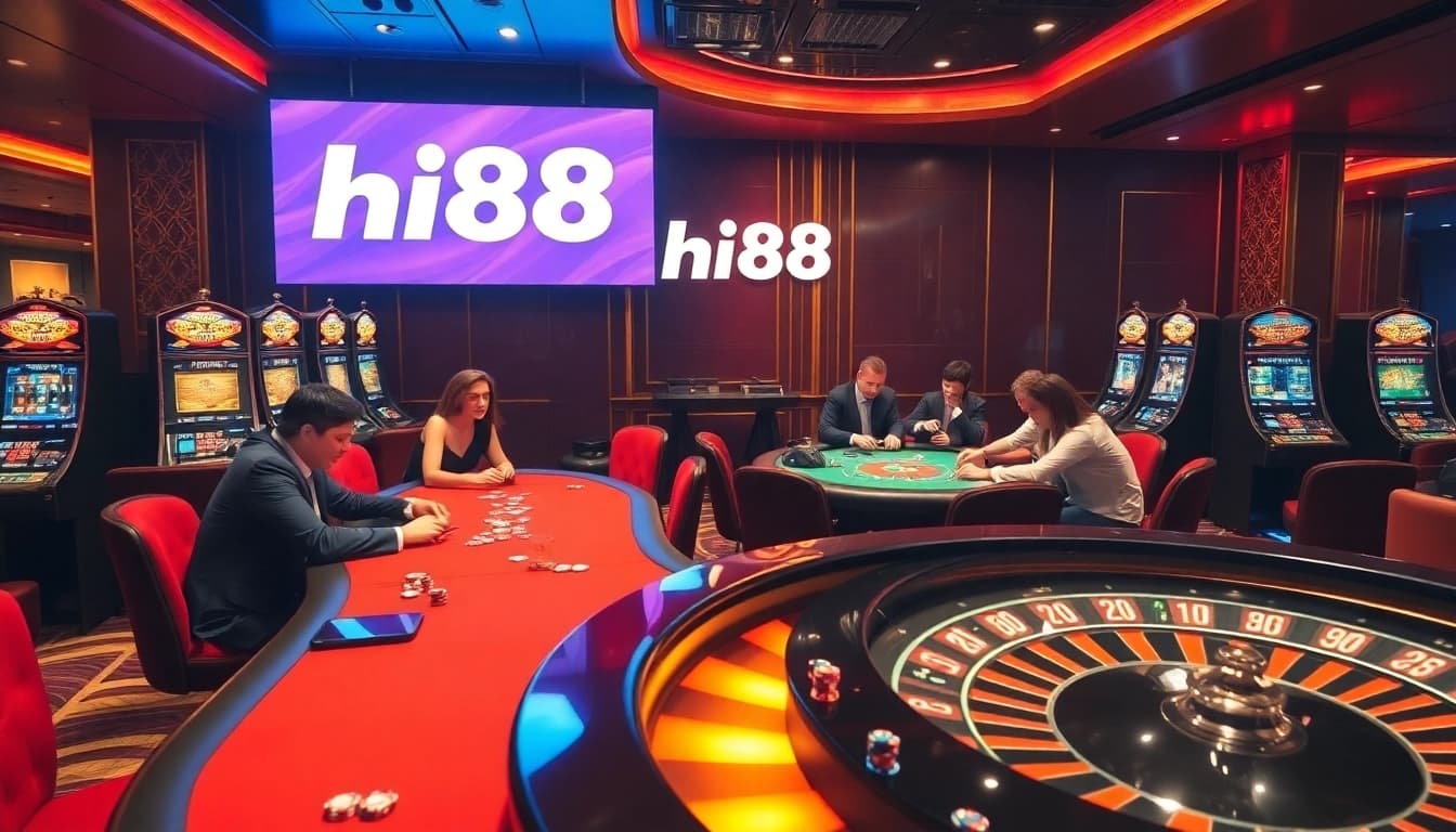 Experience Hi88's exciting gaming ambiance with poker tables and vibrant slot machines.
