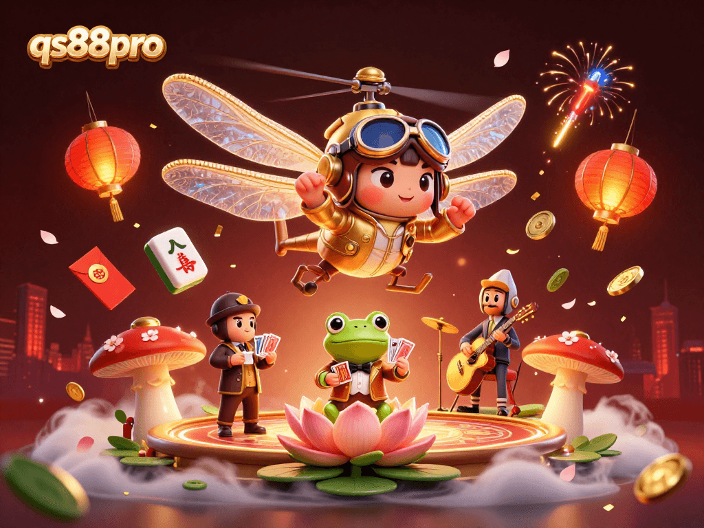 Engage with the thrilling world of qs88pro as a vibrant dragonfly casino pilot hovers above a lively gaming scene.