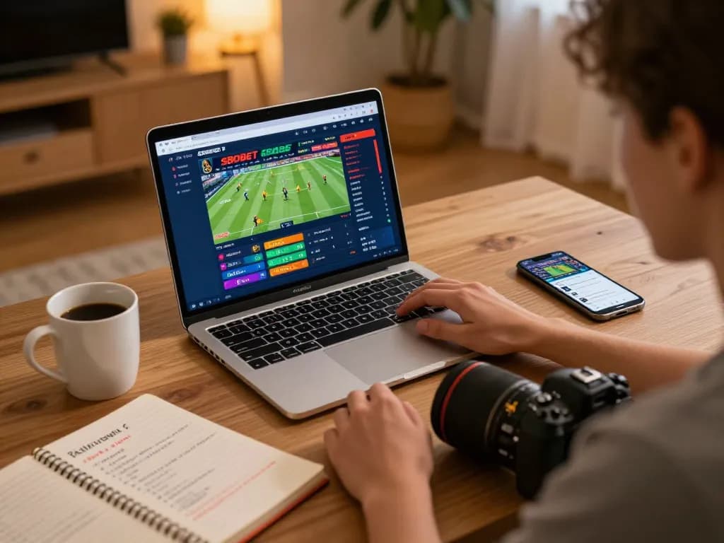 SBOBET sports betting action seen on a laptop, with strategy notes and a cozy home atmosphere.