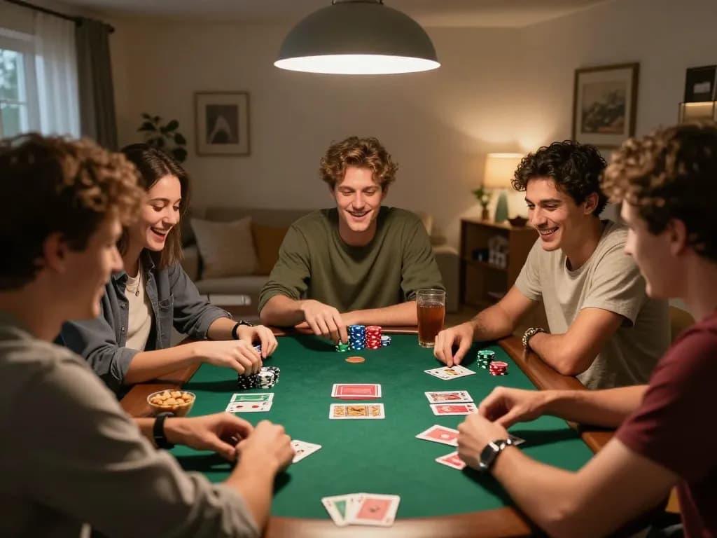 Friends enjoying a poker night with Nowgoal insights into game strategy and odds management.