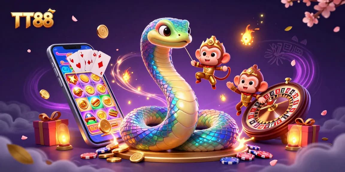 Experience the thrill of TT88 with vibrant gaming elements and characters in an enchanting casino scene.