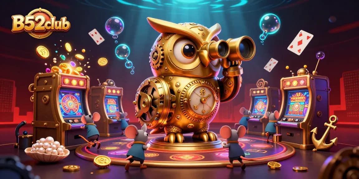 Engage with thrilling gameplay at B52club, featuring a whimsical golden owl and adventurous mice amidst rich casino elements.