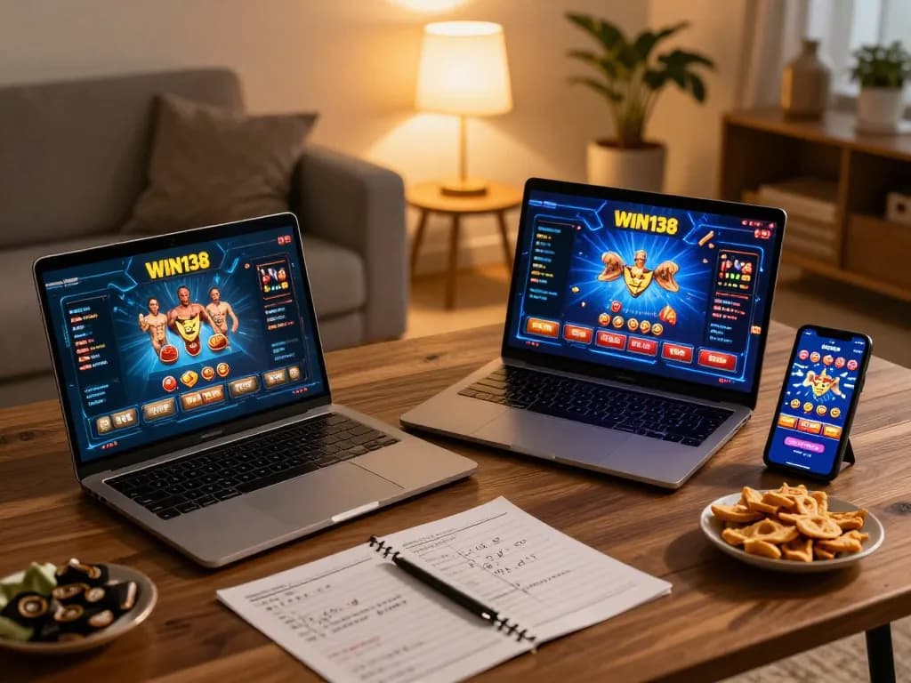 Engaging gaming setup displaying Win138 games on laptop and mobile device during a cozy home gaming session.
