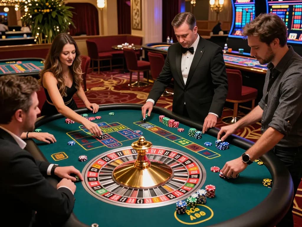 Players placing bets at roulette table in casino mb66, highlighting excitement and strategy.