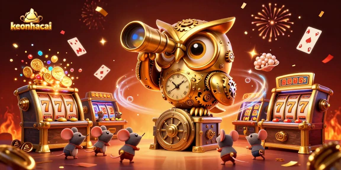 Engage with keonhacai's dynamic gambling scene featuring an owl, slot machines, and treasures.