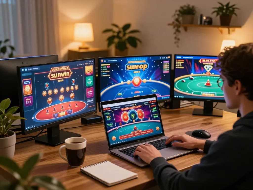 Engaging online gaming session featuring sunwin platform with multiple games on screens