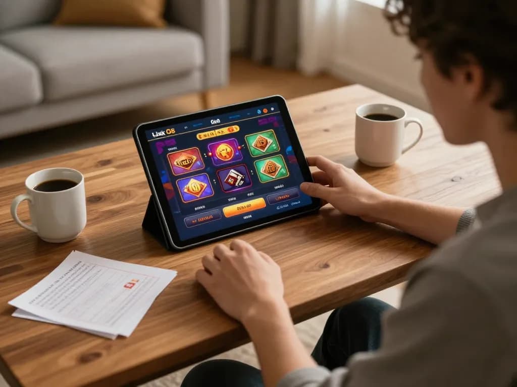 Engaging scene of a player enjoying their online casino experience with Link O8 on tablet.