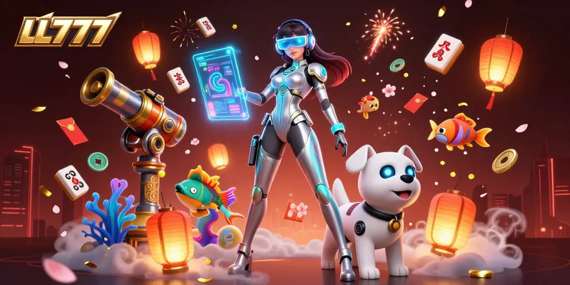 Experience dynamic gaming action with LL777's vibrant fishing game inspired illustration featuring unique characters.