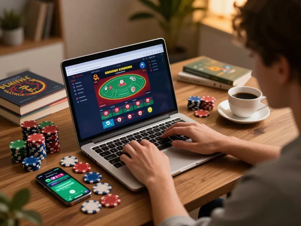 Player engaging in online casino gaming at home using mb66 app on laptop with chips and coffee.