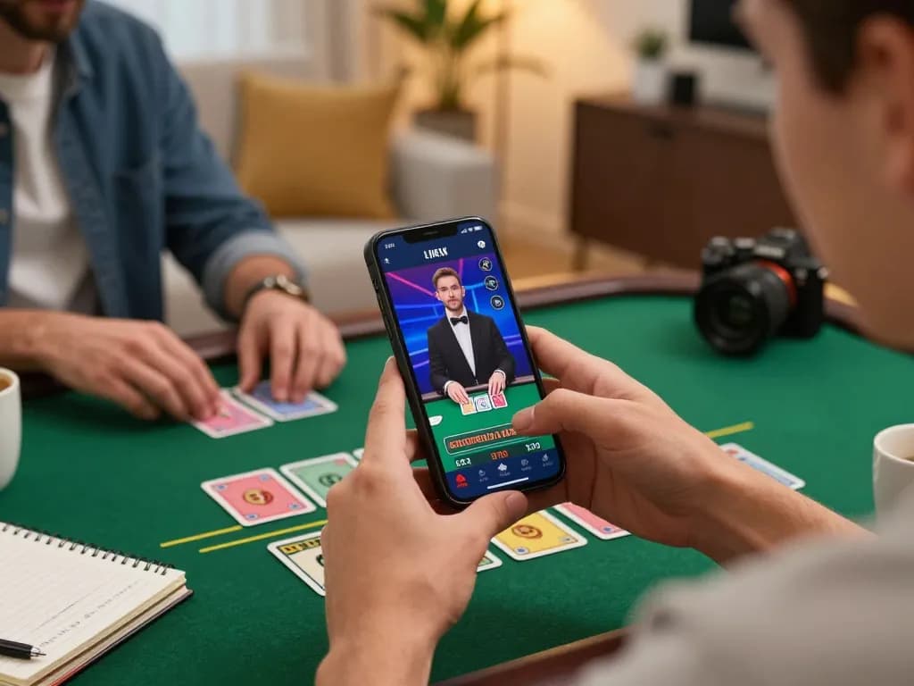 Buổi chơi game trực tuyến LUCK8 trình diễn blackjack với dealer trực tiếp trên smartphone trong không gian ấm cúng.