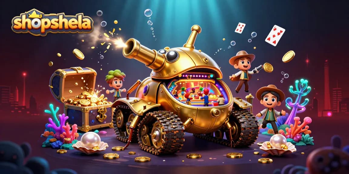 Engage in exciting slots gameplay at shopshela with a 3D golden beetle tank casino filled with treasures.