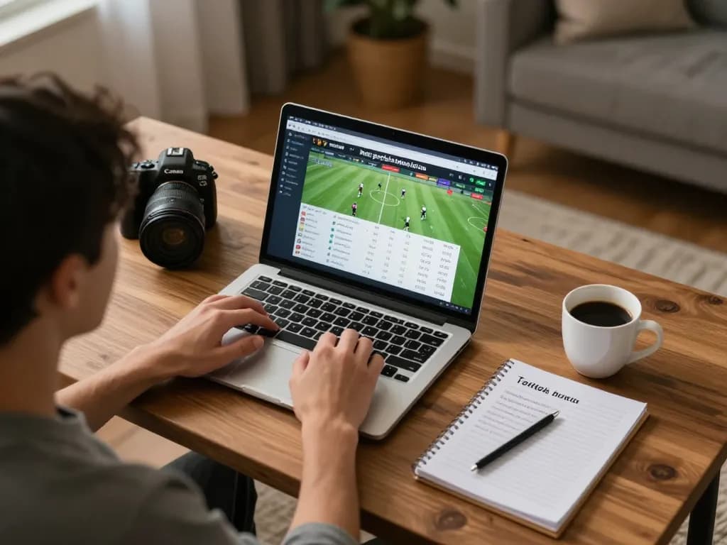 Kết quả bóng đá shown on laptop screen as person engages in online sports betting.
