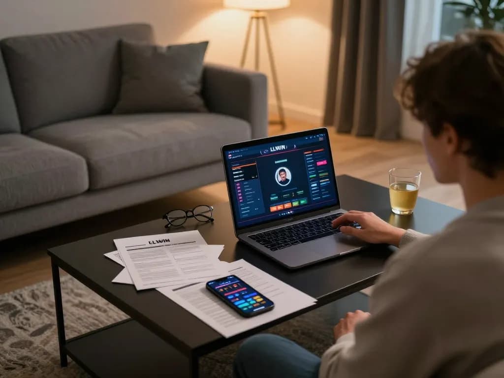 Engaged user playing at LLWIN online casino on laptop with gaming interface and strategy notes.