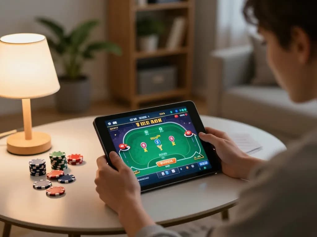Player engages in online poker gameplay on 98win9 tablet, surrounded by strategic betting notes.