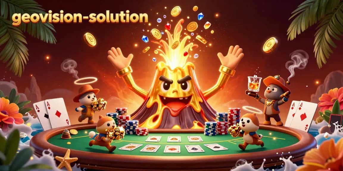 Engage with geovision-solution showcasing a golden volcano emerging in a vibrant casino scene filled with poker elements.