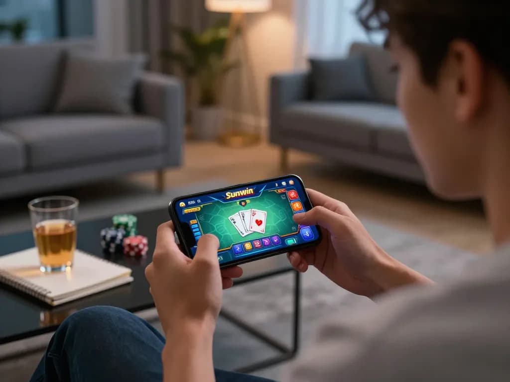 Engaging with Sunwin's mobile app while enjoying a home gaming session.
