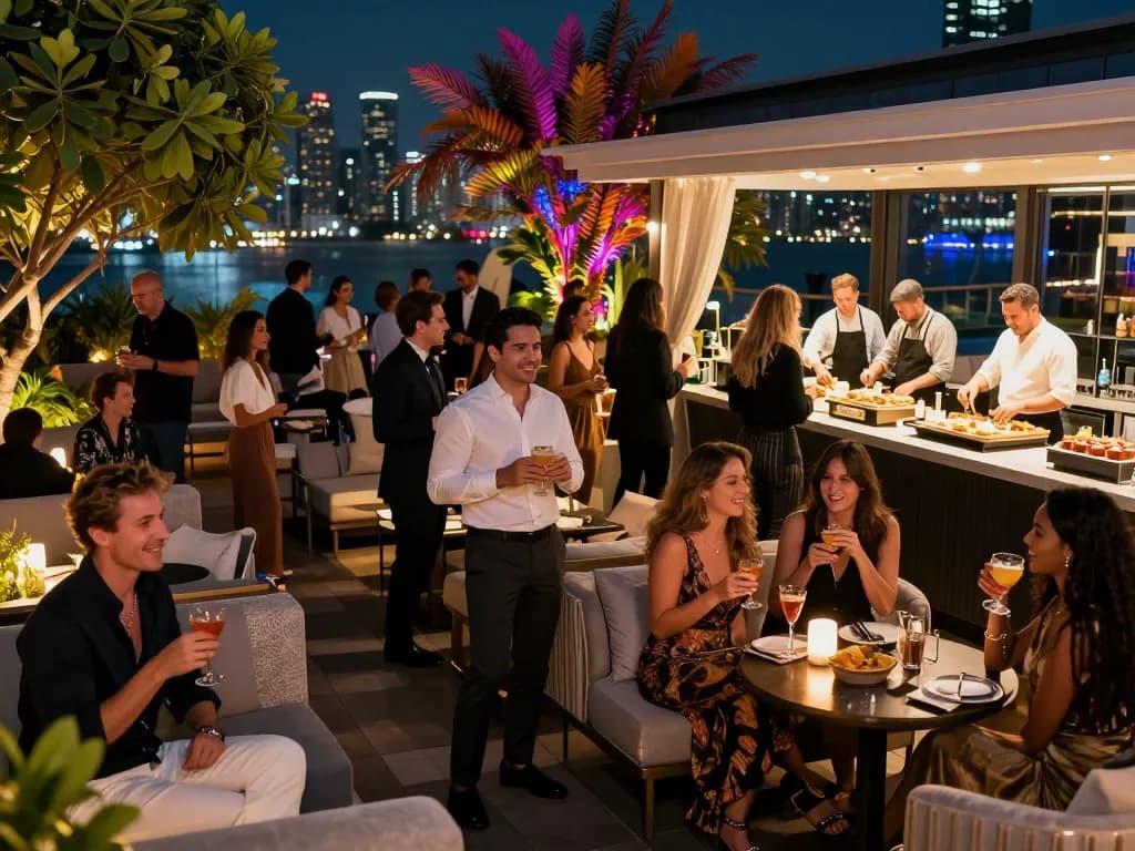 Guests enjoying cocktails and mingling at Sky88 Club's vibrant rooftop party atmosphere