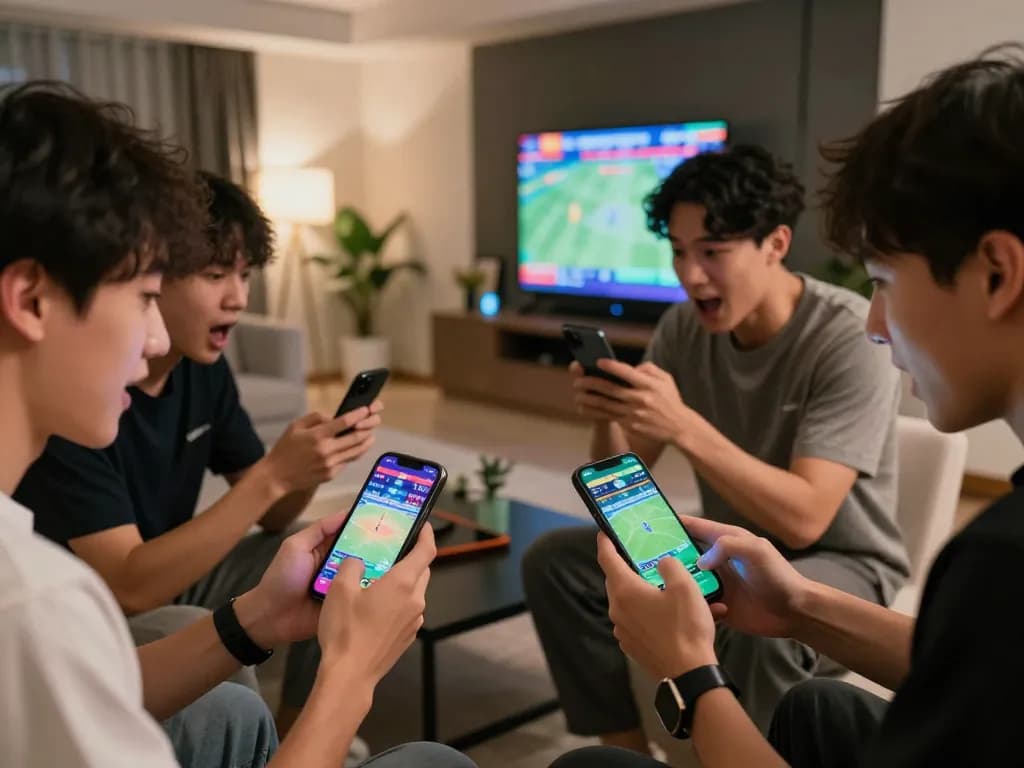 Engaged gamblers placing bets on Lucky88 sports games using smartphones in a modern lounge.