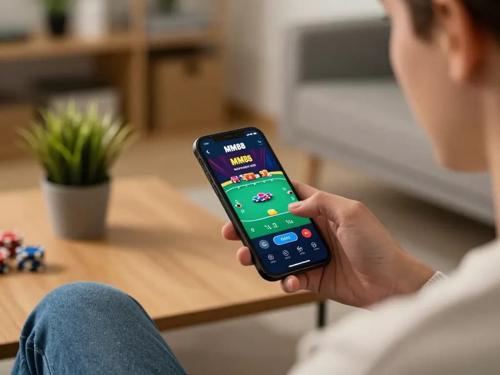 Engaging with MM88 casino app on smartphone during online gaming session.