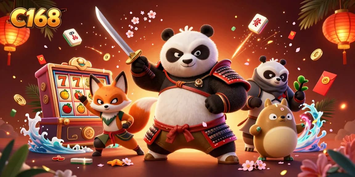 C168 showcases a dynamic casino scene with a samurai panda and slot game symbols, delivering thrilling gameplay.