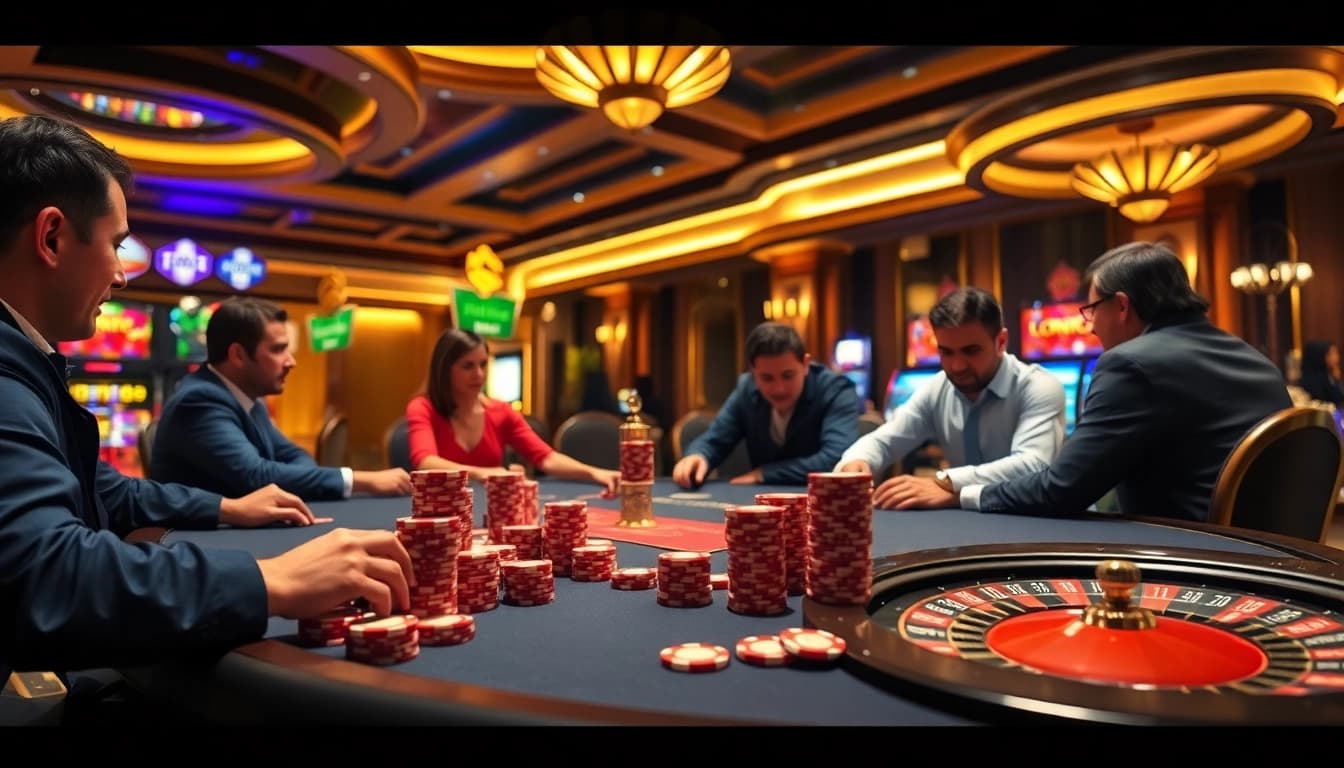 Players engaged in an exciting poker game at Luck8's luxurious casino table.