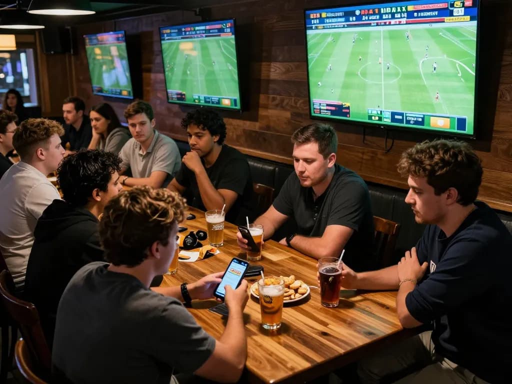 Sports fans engaging in kqbd betting action at a lively sports bar atmosphere