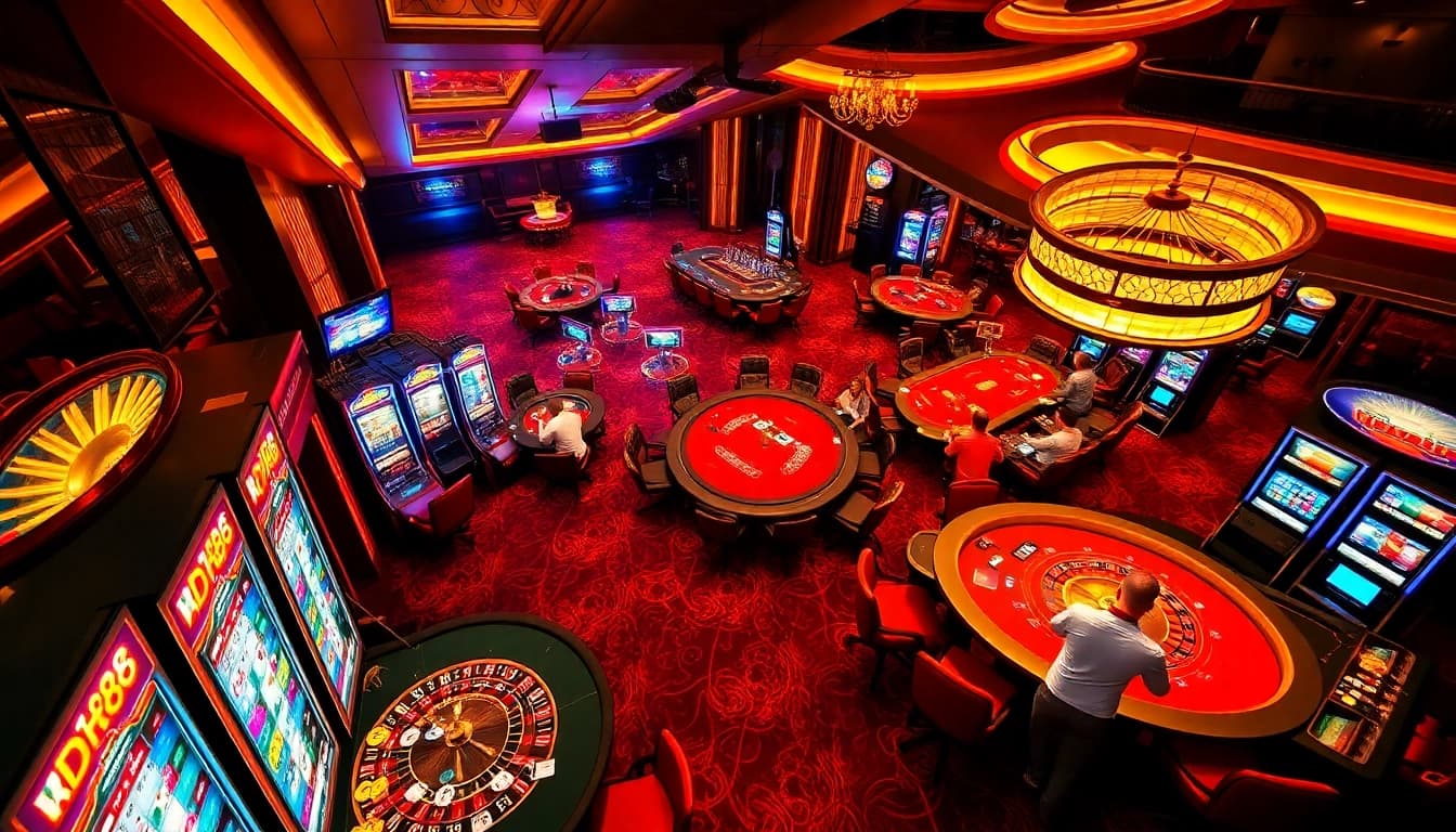 DH88 casino scene showcasing vibrant gambling action with players at poker and blackjack tables.