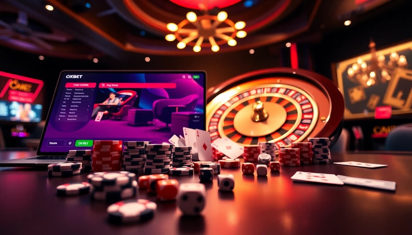 Experience the thrill of OXBET with vibrant casino elements like poker chips and roulette wheels.
