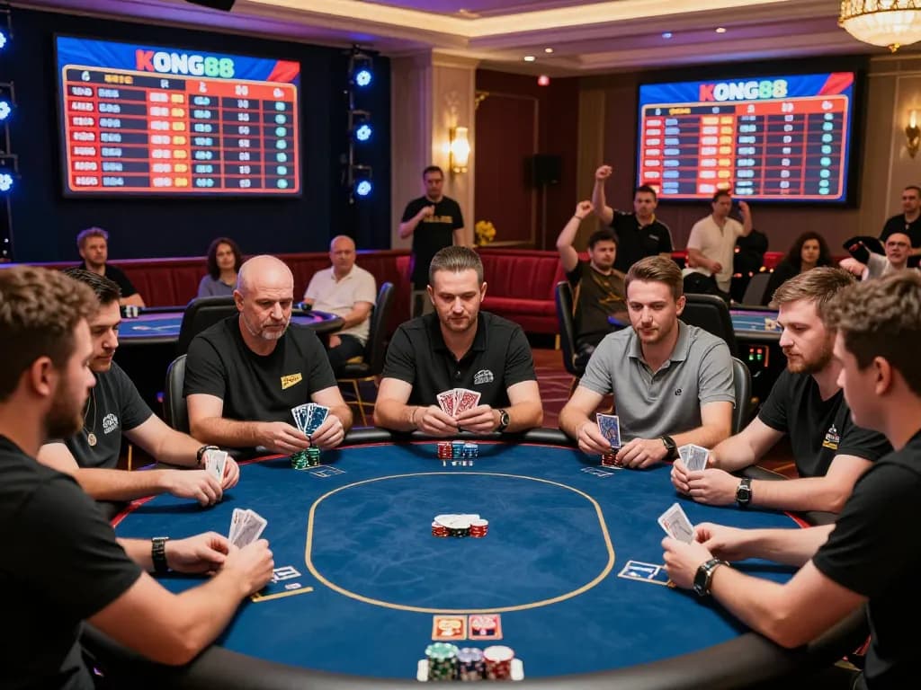KONG88 players engaged in a high-stakes poker tournament, showcasing strategic gameplay and intense focus.