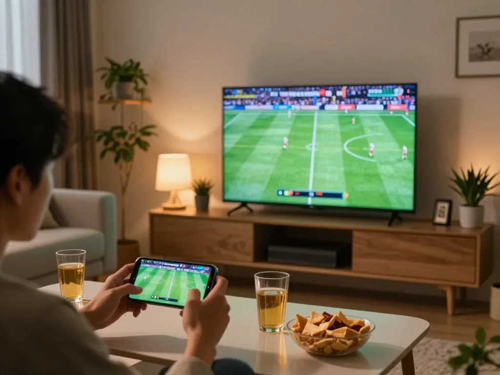 Socolive user enjoying sports betting on smartphone while watching live football match.