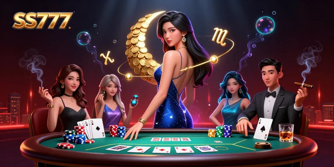 Experience the thrill of SS777 with vibrant casino action, spinning poker chips, and elegant designs.