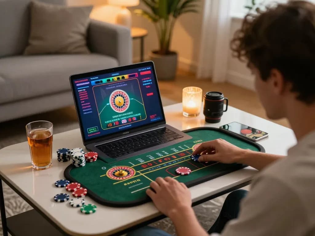 Engaging online gameplay of Nhà Cái RR88 featuring a thrilling roulette game on a laptop, with colorful chips and cozy lighting.