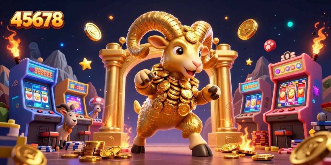 Experience the excitement of 45678 as a golden ram charges through a vibrant casino scene filled with games and jackpots.