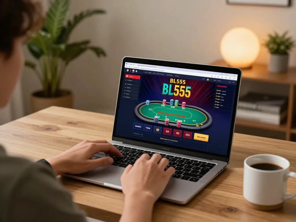 Engaging user playing poker on BL555 online platform at home, highlighting cozy atmosphere and vibrant gaming interface.