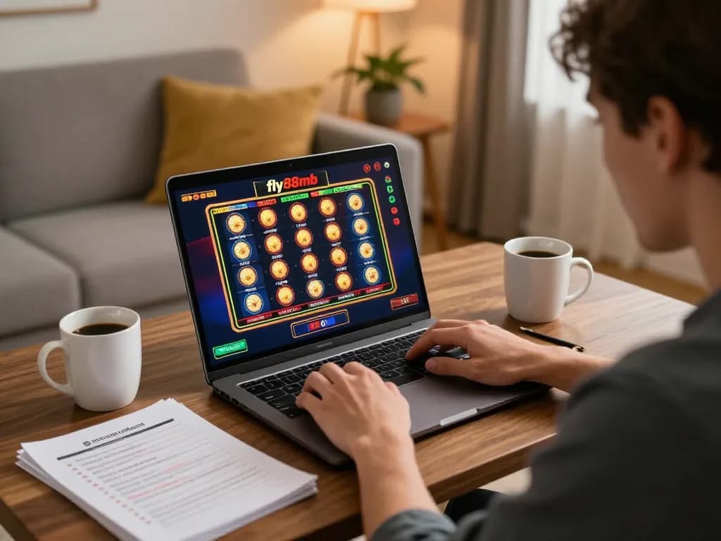 Player engaging with casino games on a laptop at home, discovering options at fly88mb.
