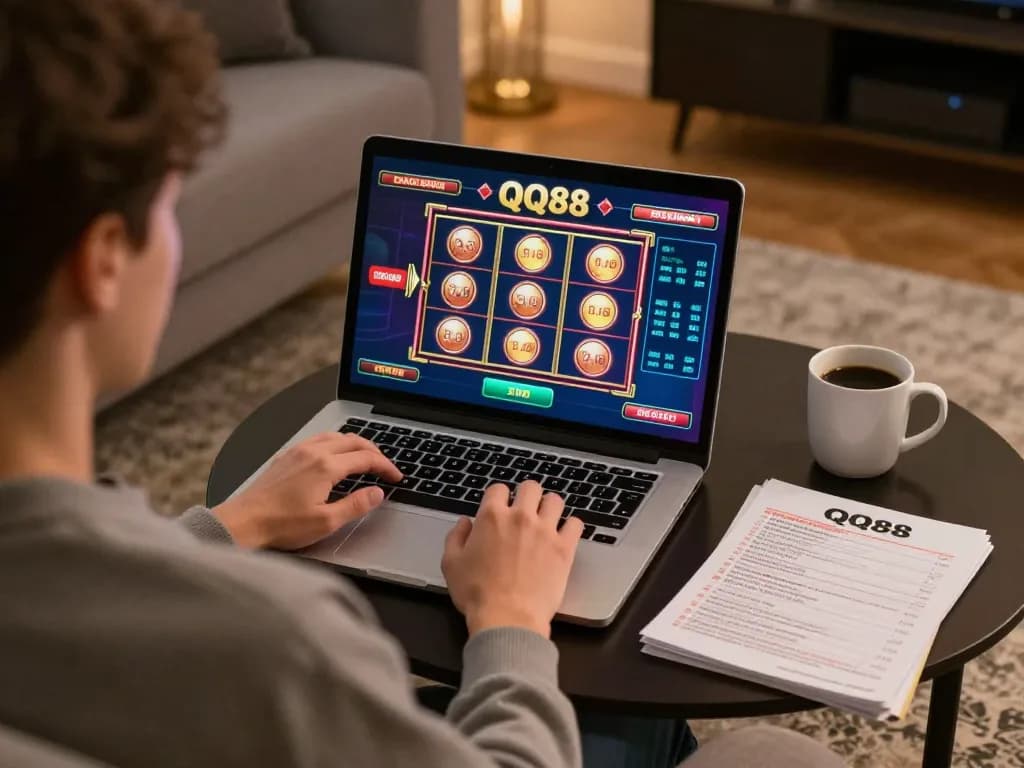 Engaged player enjoying QQ88 gaming experience on laptop in a cozy setting